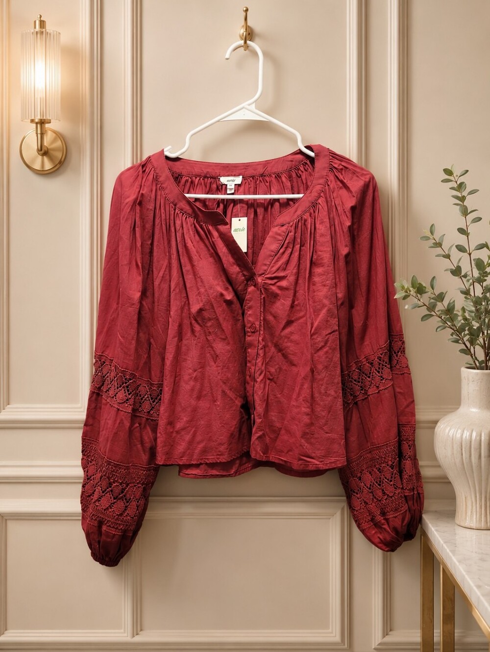 NWT aerie Small Deep Berry Red Boho Lace-Sleeve Button Blouse